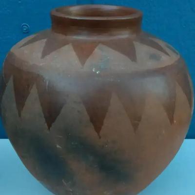 Vintage Handcrafted Clay Pot with Geometric Painted Design
