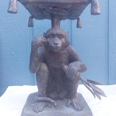 Bronze-Style Monkey Table with Banana Leaf & Textured Top – Whimsical Jungle Accent
