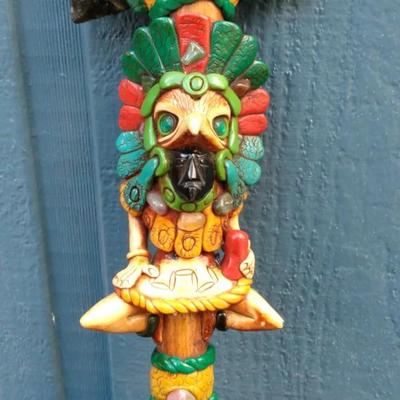 Colorful Aztec-Inspired Decorative Axe – Handcrafted Obsidian-Style Blade & Feathered Motif
