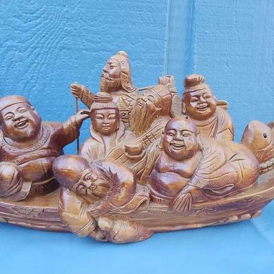 Hand-Carved Chinese Dragon Boat with Nobles – Detailed Wooden Sculpture (c. 1890–1905)
