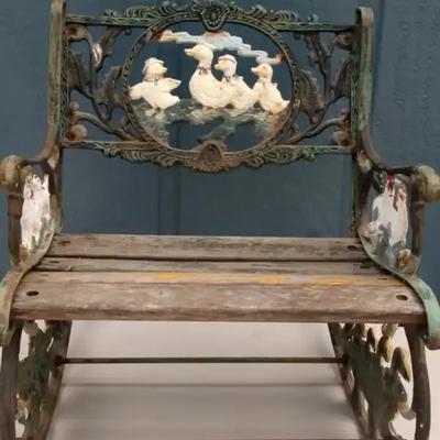Vintage Cast Iron & Wood Child’s Rocker – Duck Family & Dog Motif
