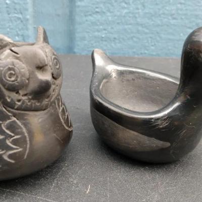 Pair of Black Pottery Animal Figures – Owl & Duck
 