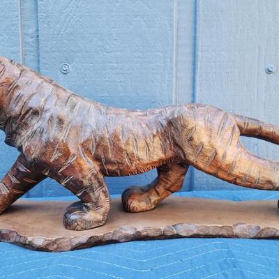 Hand-Carved Wooden Tiger Sculpture – Signed Artisan Piece
