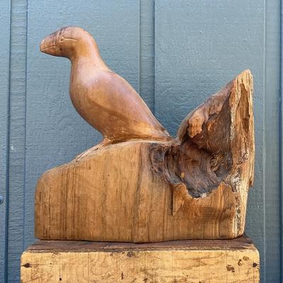 Signed Hand-Carved Wooden Puffin Sculpture on Natural Wood Base
