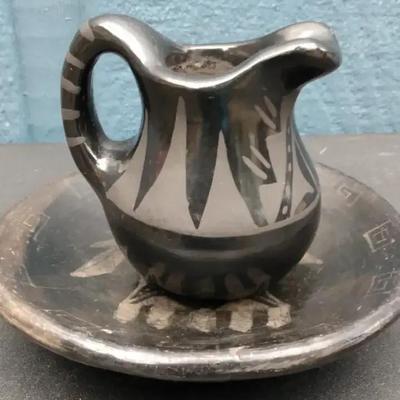 Vintage Blackware Pottery Pitcher and Plate Set – Hand Painted Southwest Design
