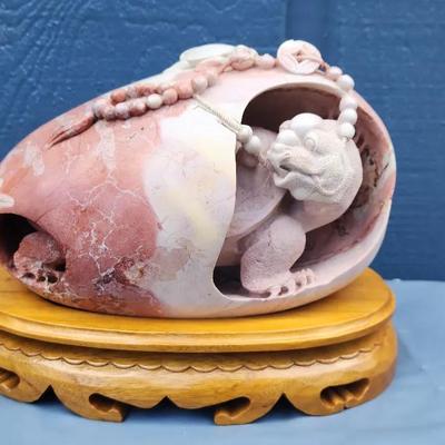 Carved Pink & White Marble Dragon in Shell Sculpture with Beads – On Wooden Stand
