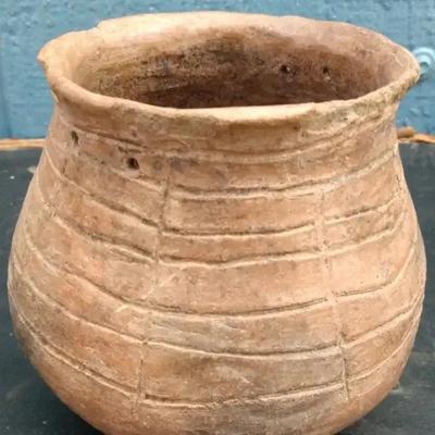 Primitive Hand-Coiled Clay Pot with Incised Line Pattern
