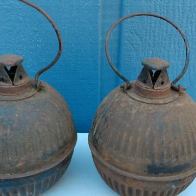 Pair of Antique Metal Kerosene Lanterns – Ribbed Industrial Barn or Railroad Lamps
