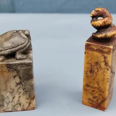 Pair of Carved Stone & Bone Ink Seals – Turtle & Snake Motifs
