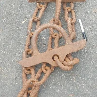 Antique Forged Iron Mooring Chain with Dual Anchor Hooks – Marked “PLM”
