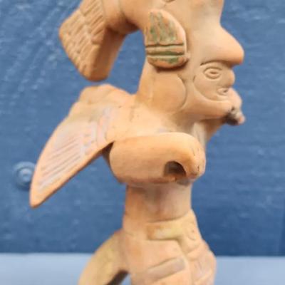Vintage Mesoamerican-Style Winged Warrior Figurine – Handcrafted Clay Sculpture
