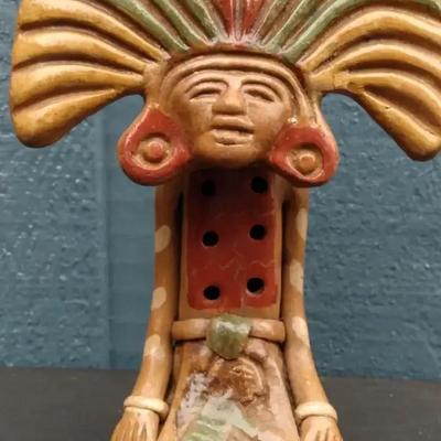 Handcrafted Clay Flute Figure with Feathered Headdress

