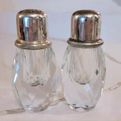 Vintage 1960s Diamond Facet Heavy Crystal And Silver Plate Salt And Pepper Shakers