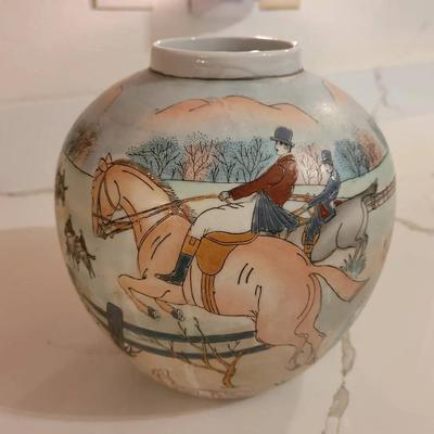 Vintage Equestrian English Fox Hunt Scene Chinese Porcelain Vase