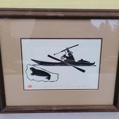 Vintage Stone Cut Print "Eskimo And Walrus" Signed By Canadian Inuit Artist Henry Napartuk