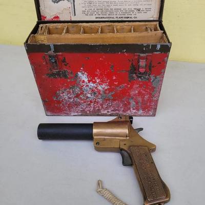 World War II US International Signal Co. Flare Gun In Original Metal Case