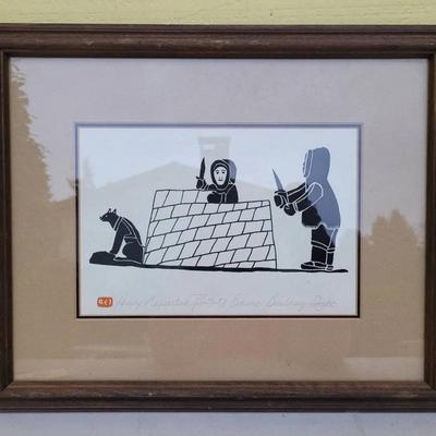 Vintage Stone Cut Print "Eskimo Building Igloo" Signed By Canadian Inuit Artist Henry Napartuk
