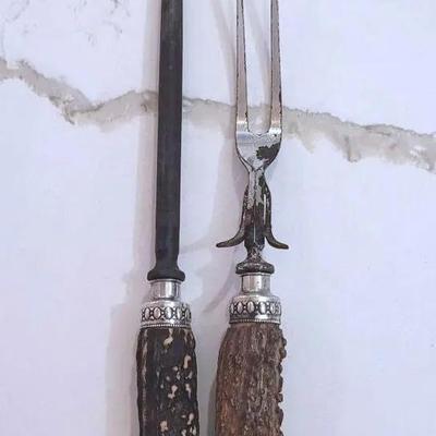 Antler Handle Sterling Silver Knife Sharpener And Serving Fork