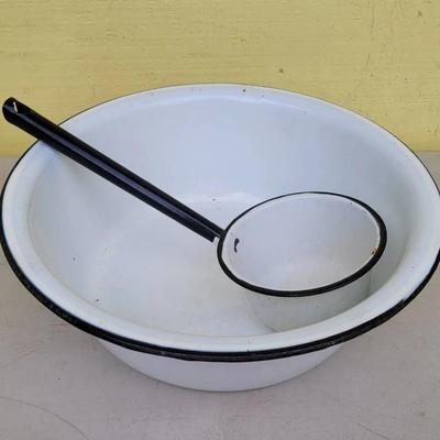 Antique Enamelware Bowl And Ladle