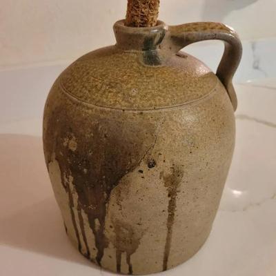 Antique Salt Glazed Stoneware Jug With "Turkey Drips" And Original Corn Cob Stopper