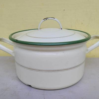 Vintage White & Green Enamelware Stock Pot w/ Lid