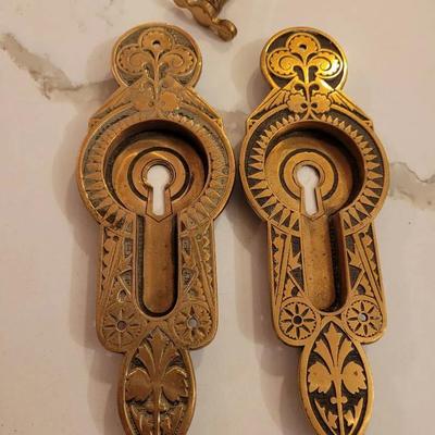 Antique Brass Victorian Pocket Door Backplates With Skeleton Key