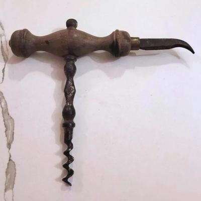 Antique 19th Century Corkscrew Wooden Handle Amd Metal "Dog Tooth Eraser"
