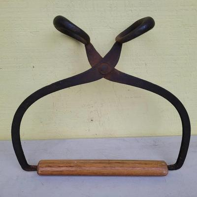Antique Cast Iron Ice Block Tongs With Custom Wood Guard