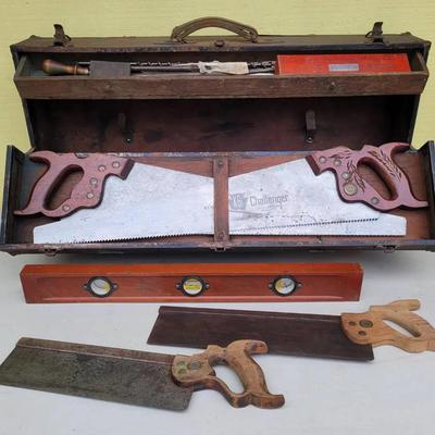 Antique Saw And Tools In Antique Toolbox