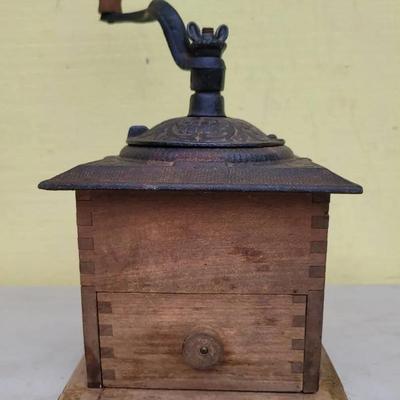 Vintage Coffee Mill Grinder Wood And Cast Iron