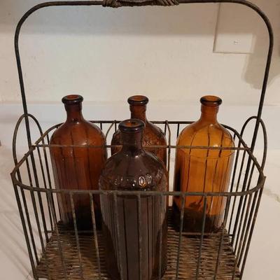 Antique Amber Clorox Bottles In Vintage Wire And Wicker Carrier