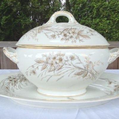 Antique White Ironstone Tureen & Platter 
Brown Transferware: Florals, Insects, Butterflies w/Gold