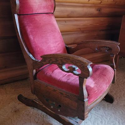 Antique Victorian Rocking Chair w/ Rose Velvet Upholstery 