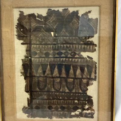 Framed Primitive Textile Fragment – Hand-Painted Geometric Design on Cloth