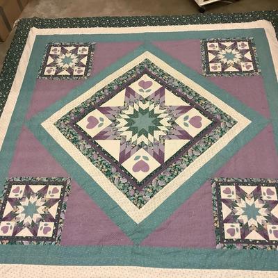 Handmade “Heart Star” Patchwork Quilt – Teal, Lavender & White
