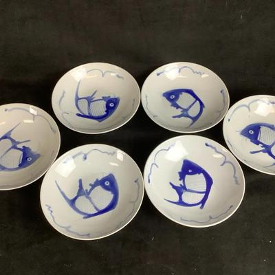 Vintage Chinese Hand Painted Blue And White Koi Fish Bowl - Set Of Six
