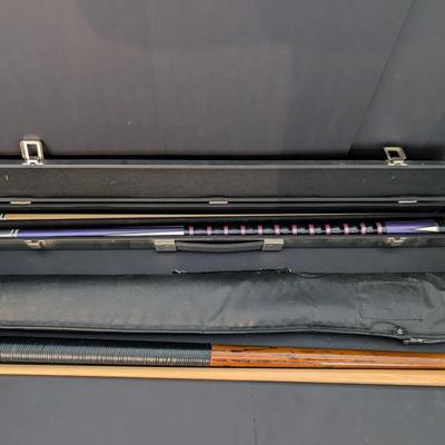 Two Pool Cues with Carrying Cases – Classic & Modern Designs
