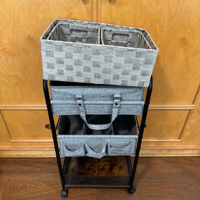 Rolling Storage Cart with Fabric Organizer and Woven Baskets