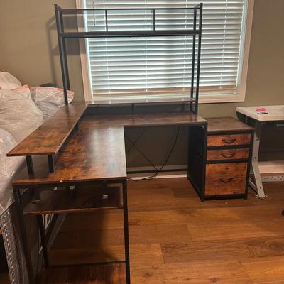L-Shaped Industrial Desk with Hutch and Storage Drawers