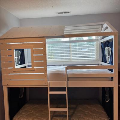 White Wooden Playhouse Bunk Bed with Ladder and Roof Canopy – Twin Size

