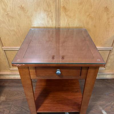 Cherry Wood Side Table with Drawer and Glass Top
