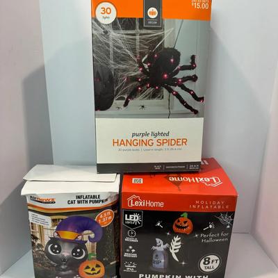 Halloween Yard Décor Lot – Inflatables & Lighted Hanging Spider

