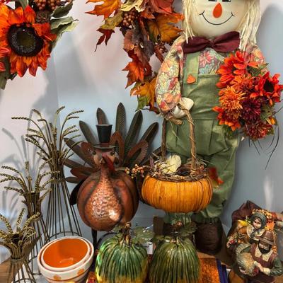 Harvest & Thanksgiving Décor Lot – Scarecrow, Turkey, Pumpkins, and Fall Accents