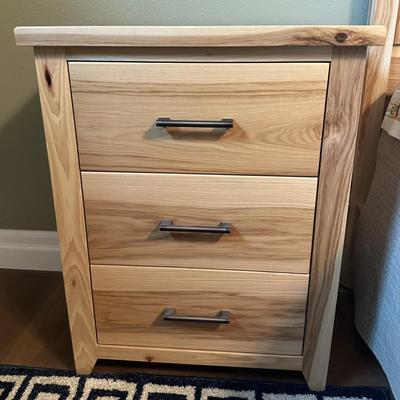 Solid Hickory Wood 3-Drawer Nightstand with Modern Metal Pulls