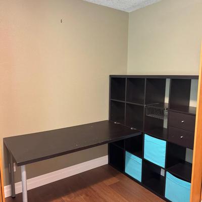 Modular Corner Desk with Cube Storage Shelving and Drawers – Dark Wood Finish