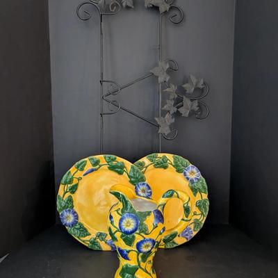 Blue & Yellow Ceramic Pitcher and Plate Set with Metal Wall Display Rack