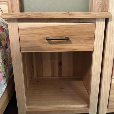 Solid Hickory Wood Nightstand with Drawer and Open Storage Shelf