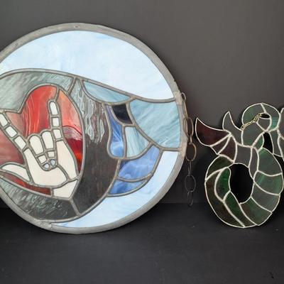 Stained Glass Art Lot – Handcrafted Panels with Chains (2 Pieces)