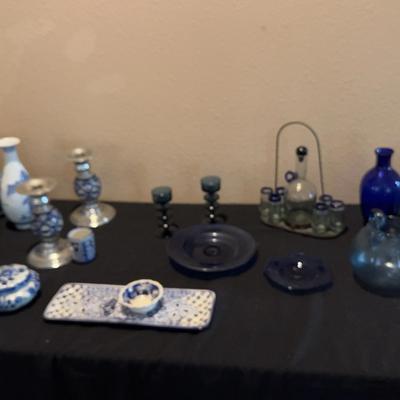 Blue And White Glass  And Pottery Decor