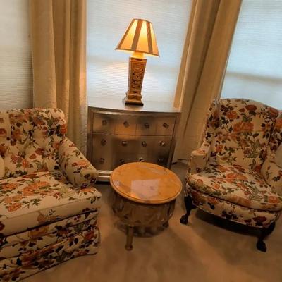 Floral Upholstered Chairs (2), Silver Dresser, Marble Top Table & Lamp